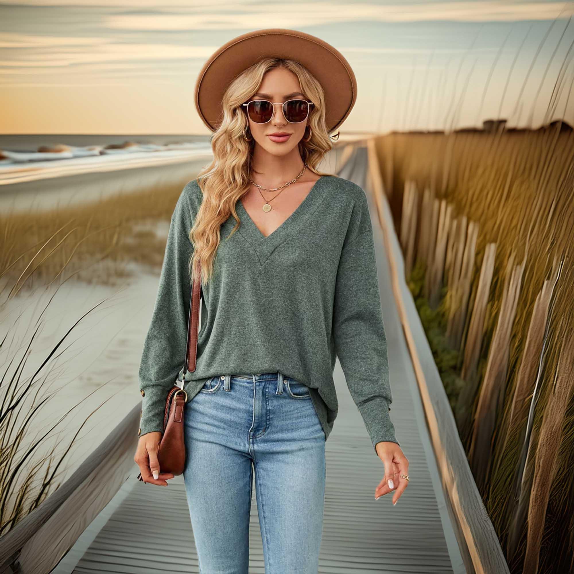V-Neck Long Sleeve Tee With Button Detail - Southern Shores Clothing