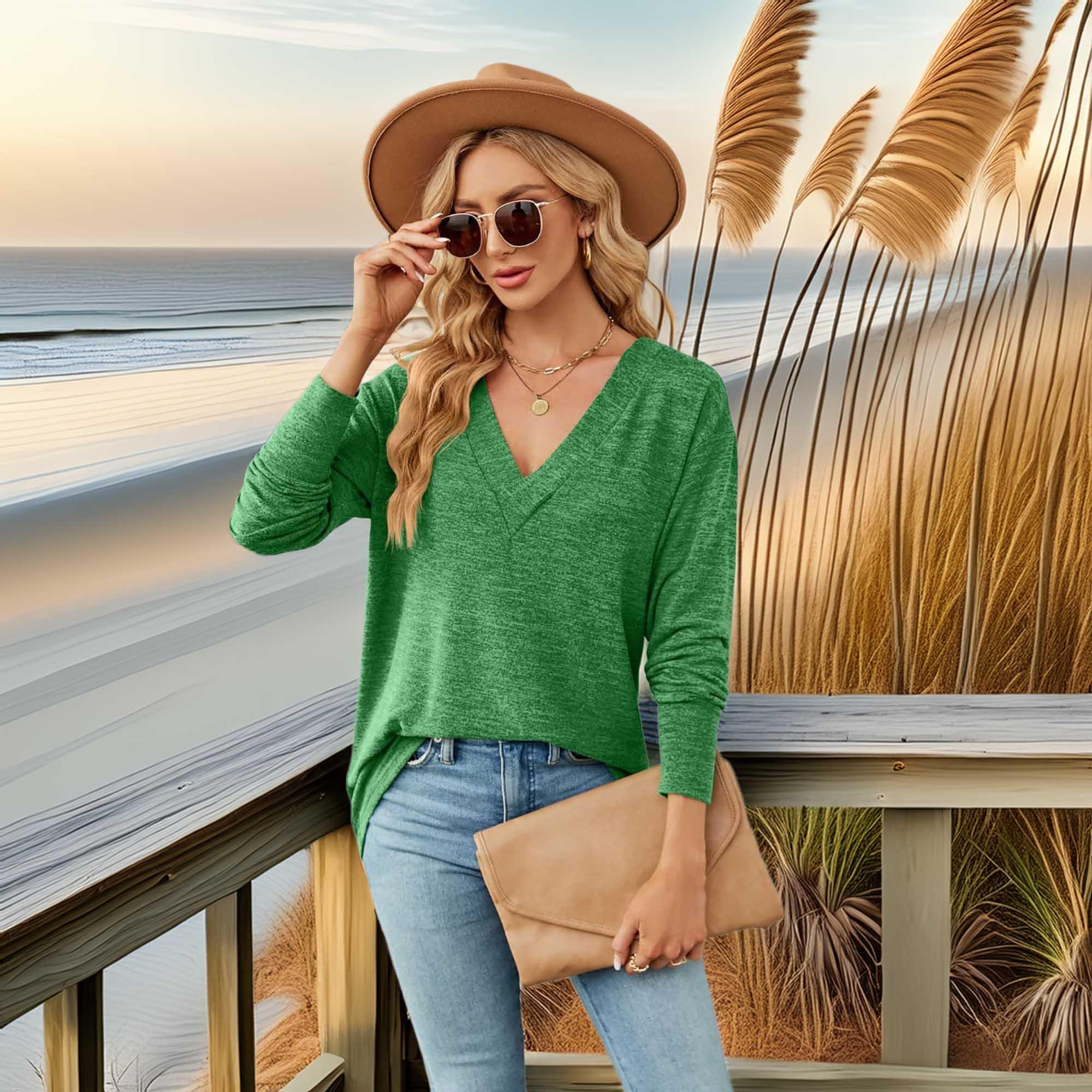 Casual V-Neck Long Sleeve Solid T-Shirt With Relaxed Fit - Southern Shores Clothing