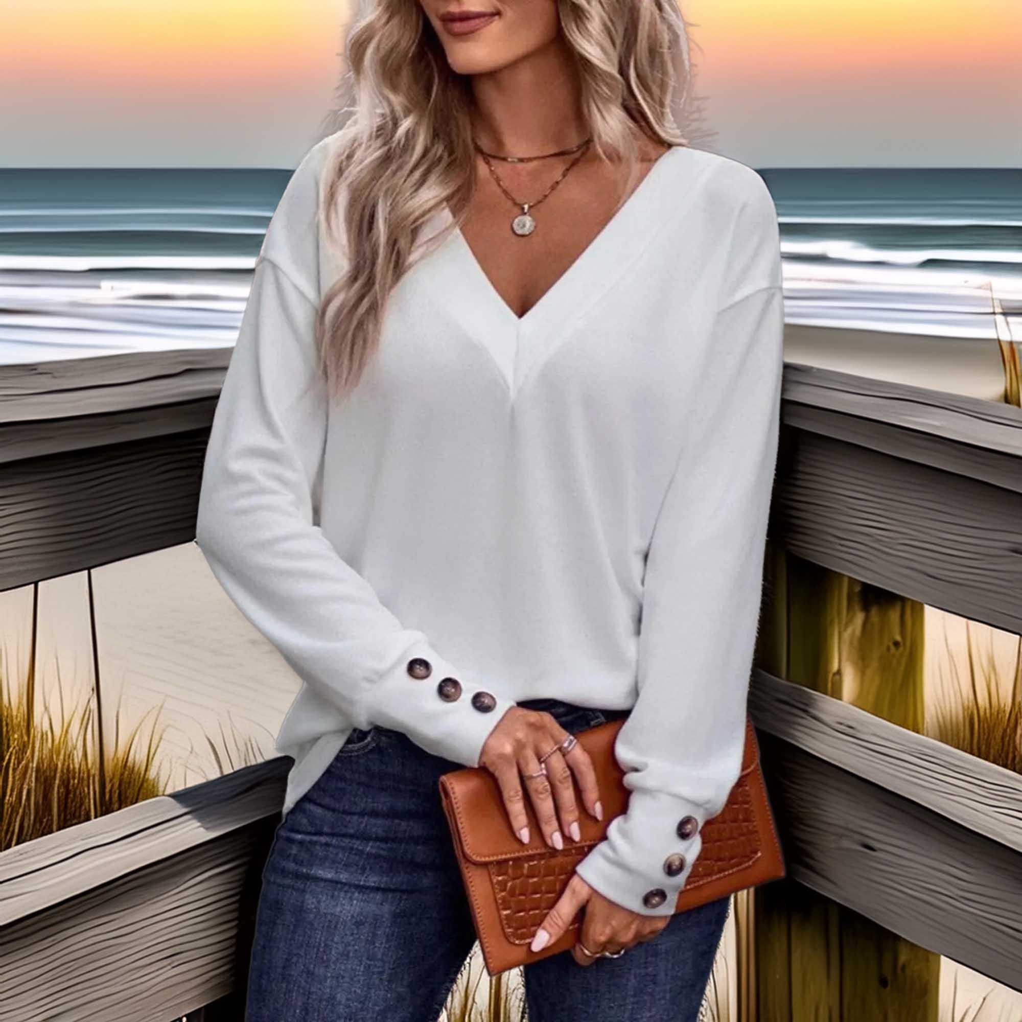 V-Neck Long Sleeve Tee With Decorative Buttons - Southern Shores Clothing