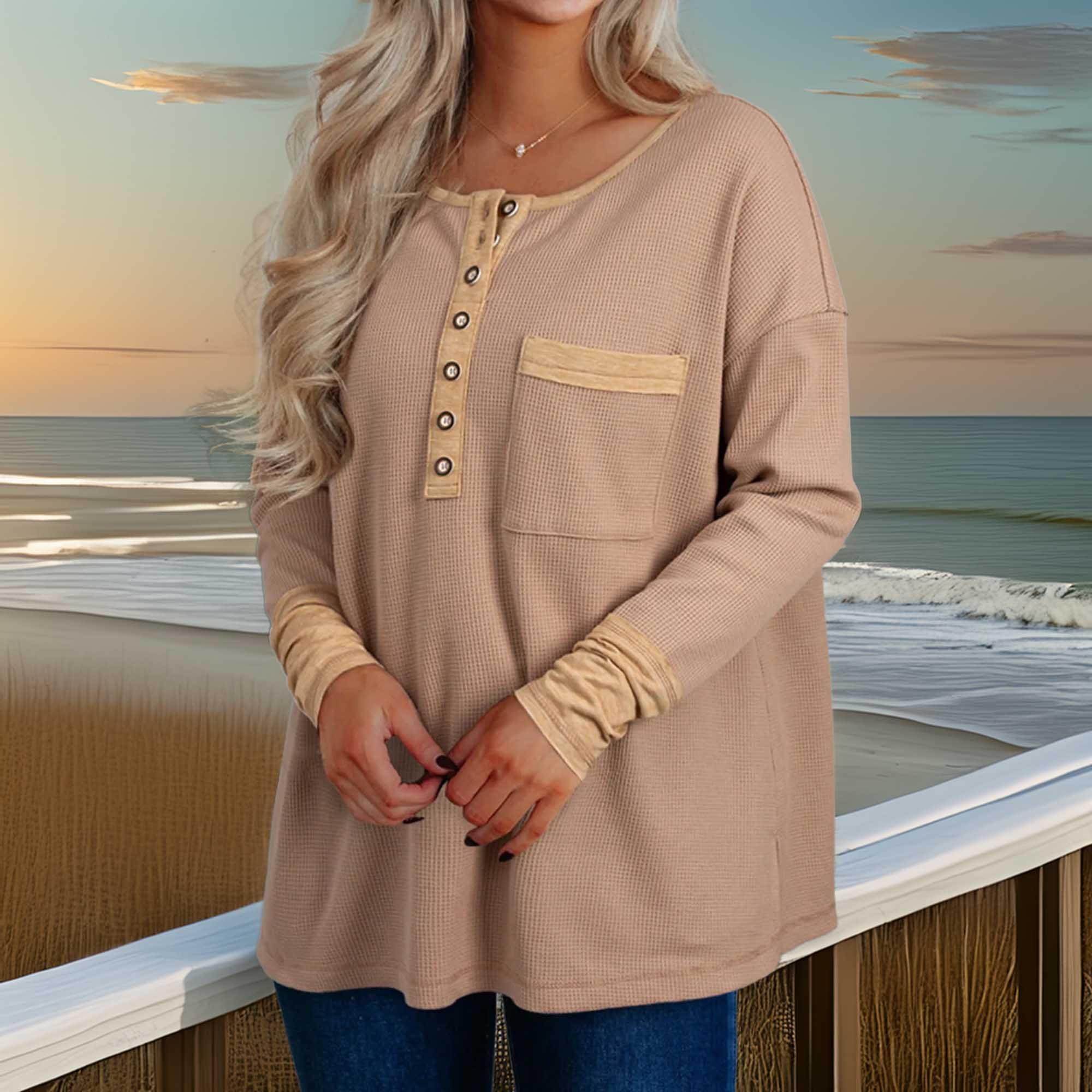 Waffle Knit Henley Top With Pockets And Slits - Southern Shores Clothing