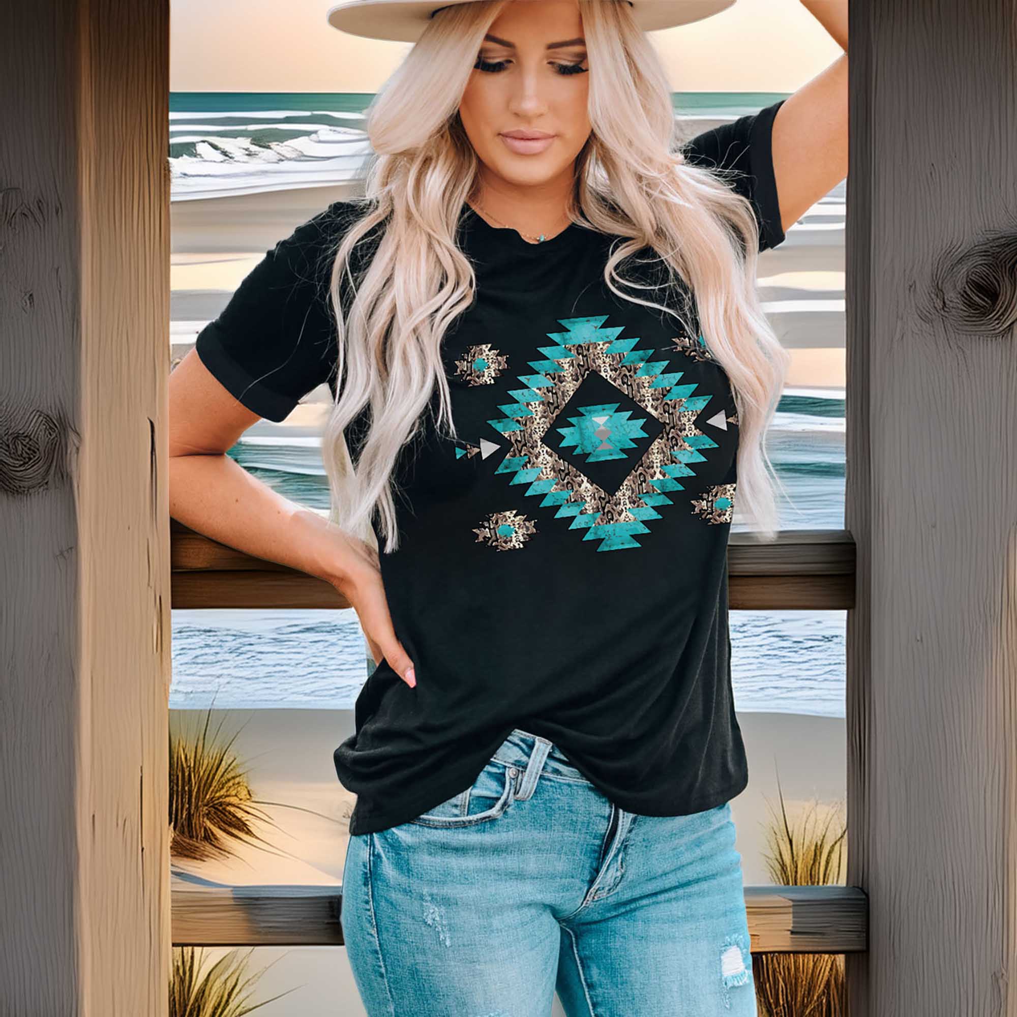 Western Printed Crewneck Graphic T-Shirt for Women with Short Sleeves