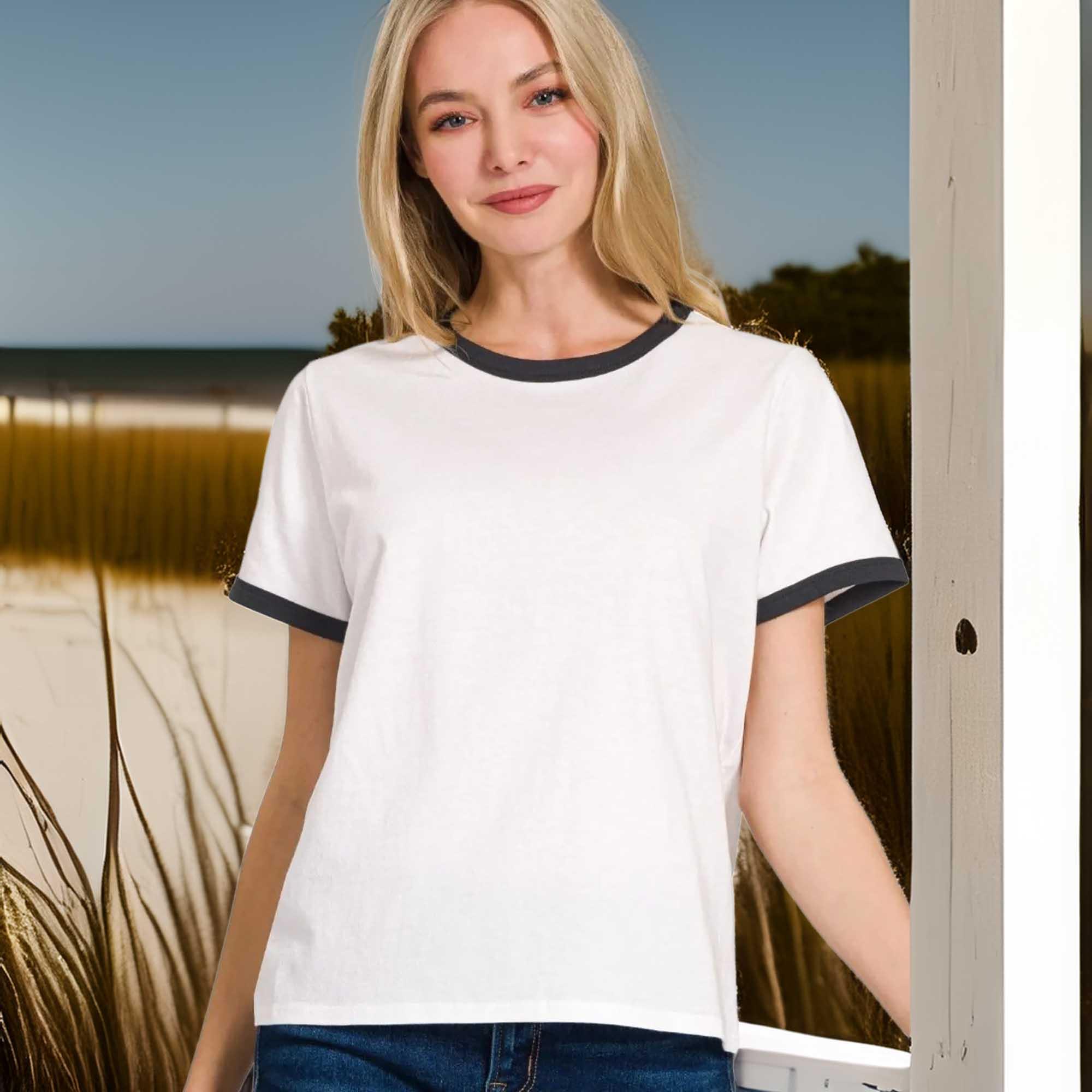 Cotton Blend Short Sleeve Contrast Binding Tee - Southern Shores Clothing