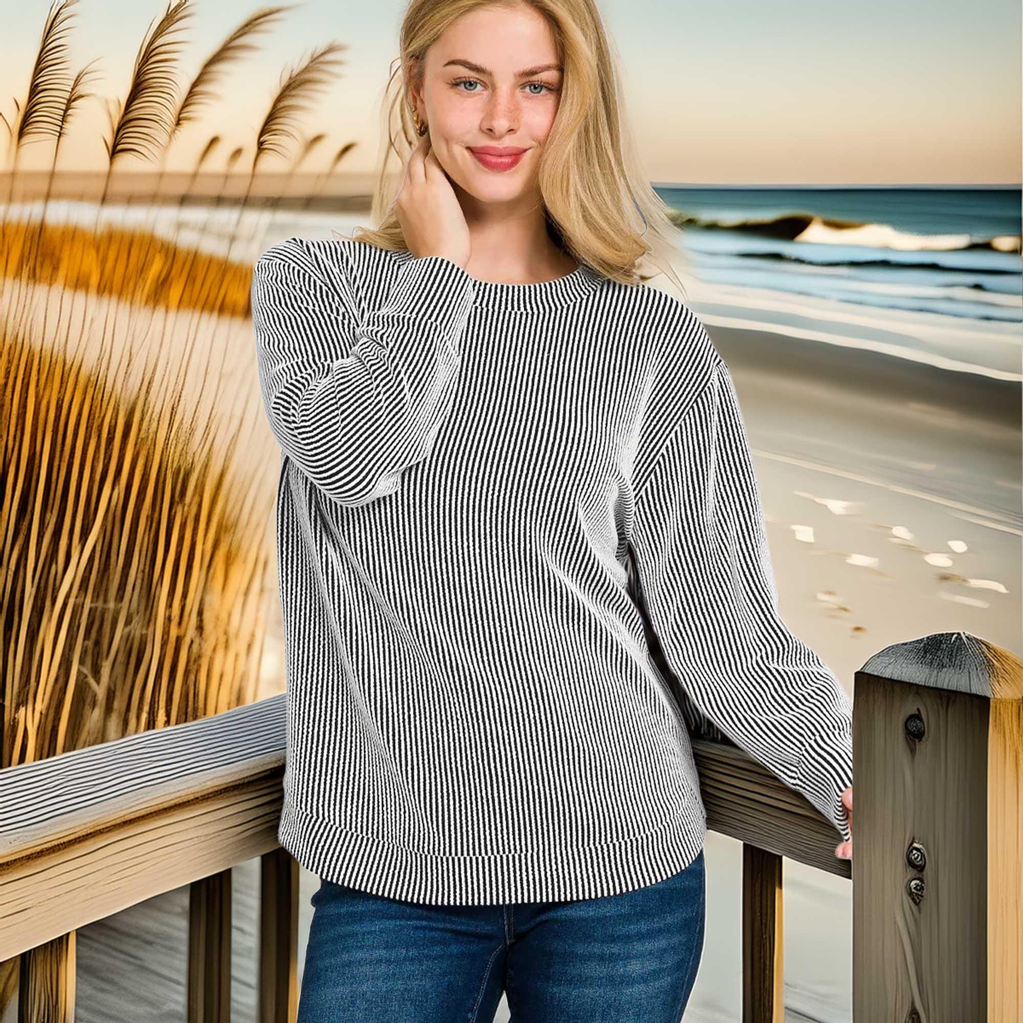 Plus Size Raised Rib Long Sleeve Round Neck T Shirt - Southern Shores Clothing