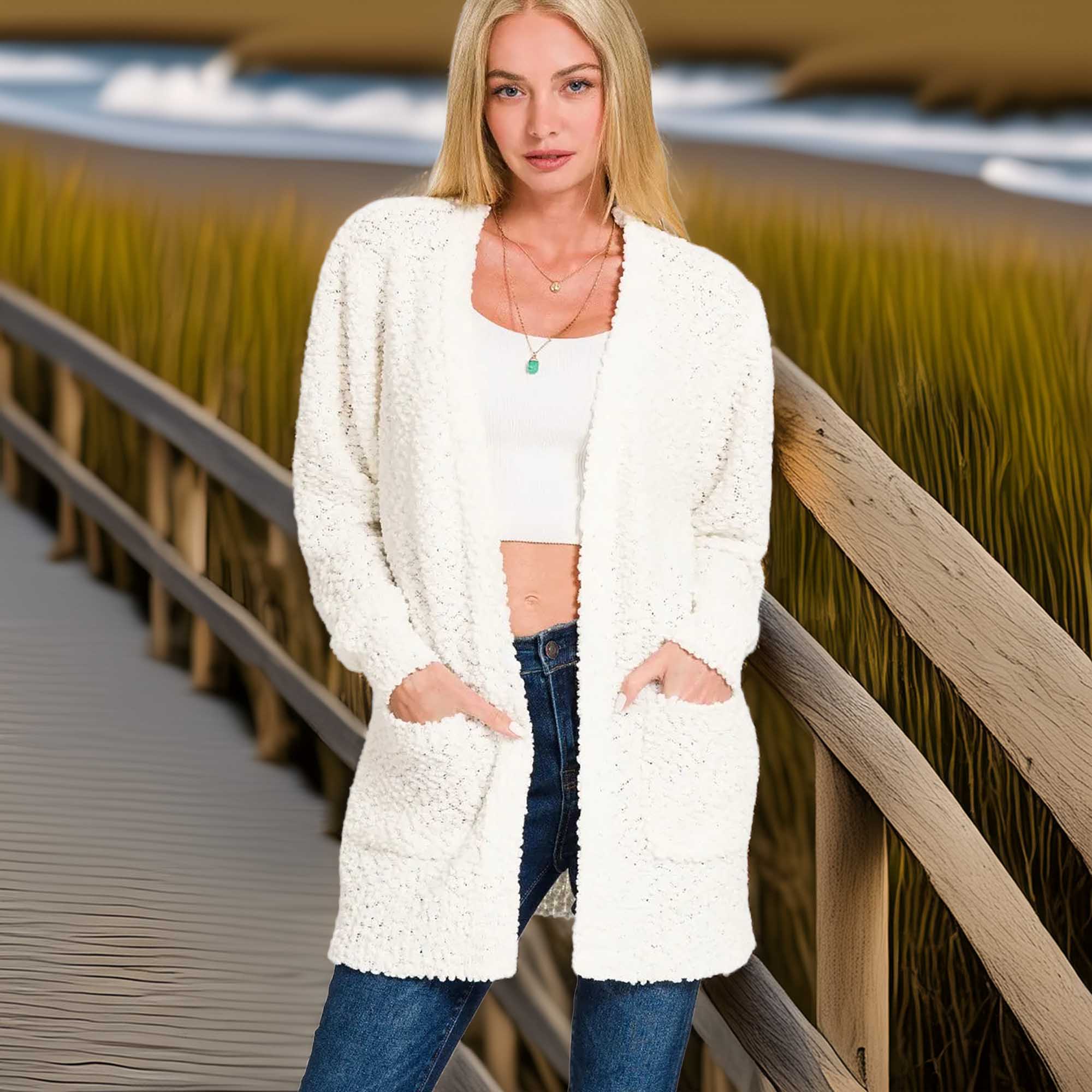 Southern Shores Long Sleeve Plush Teddy Bear Cardigan with Pockets