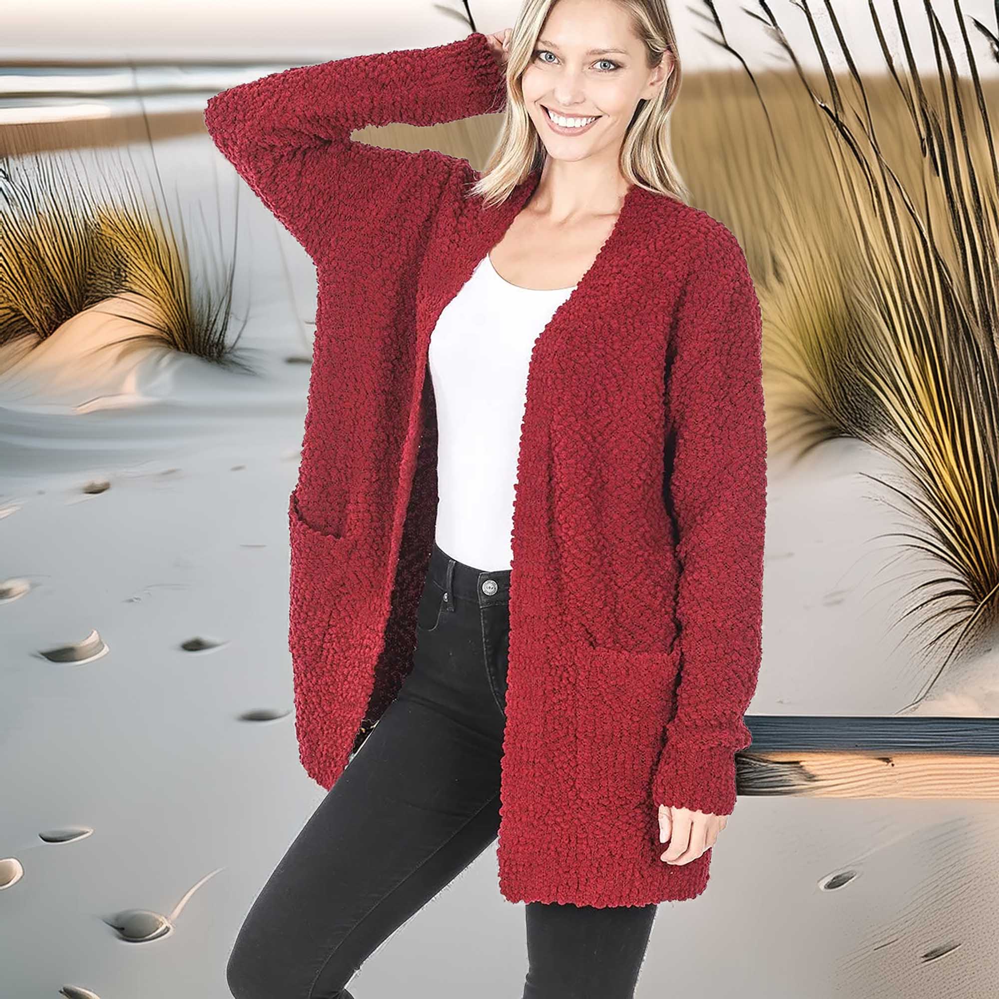Southern Shores Cozy Long Sleeve Popcorn Sweater Cardigan with Pockets
