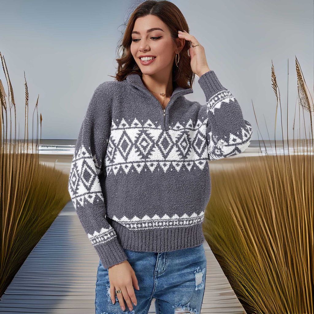 Southern Shores Women's Zip-Up Geometrical Pattern Sweater